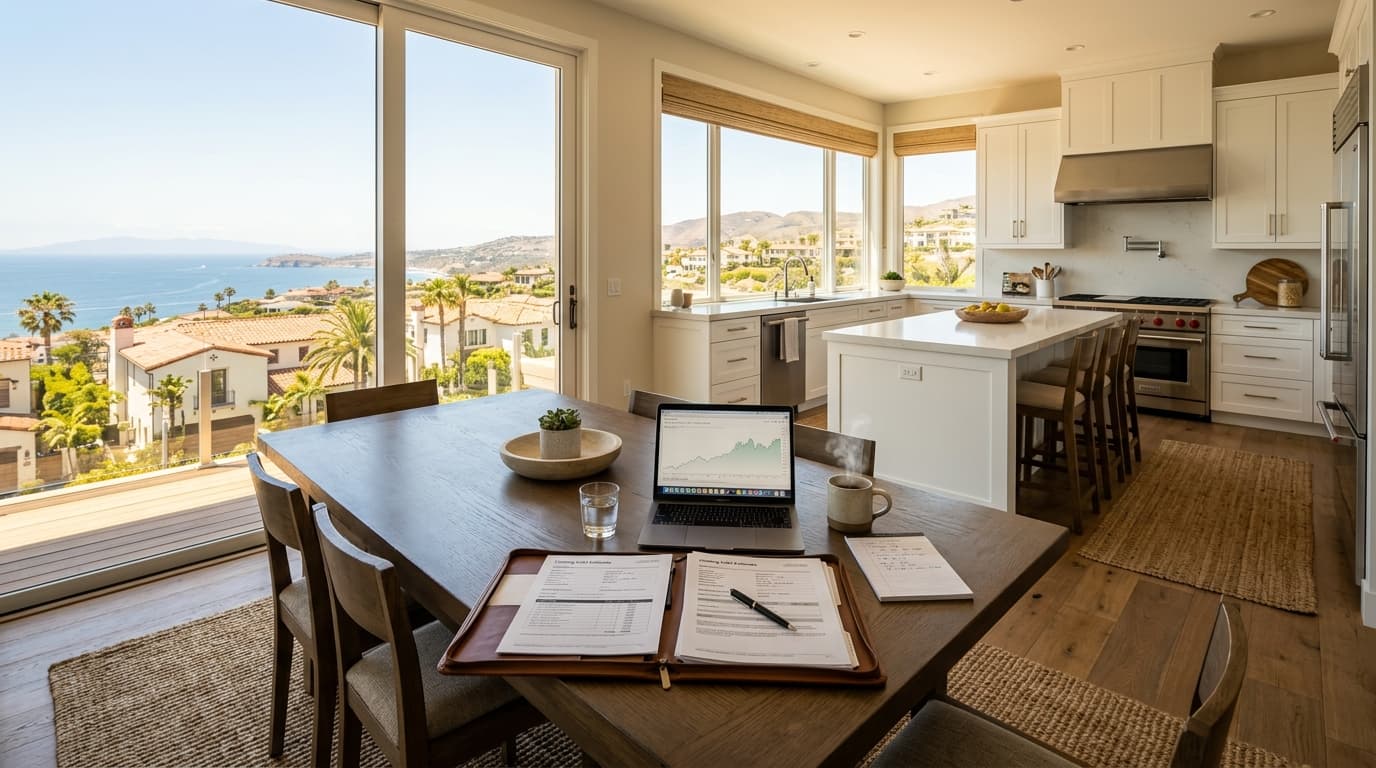 Homeowner reviewing a closing cost estimate at a kitchen table with a laptop and documents