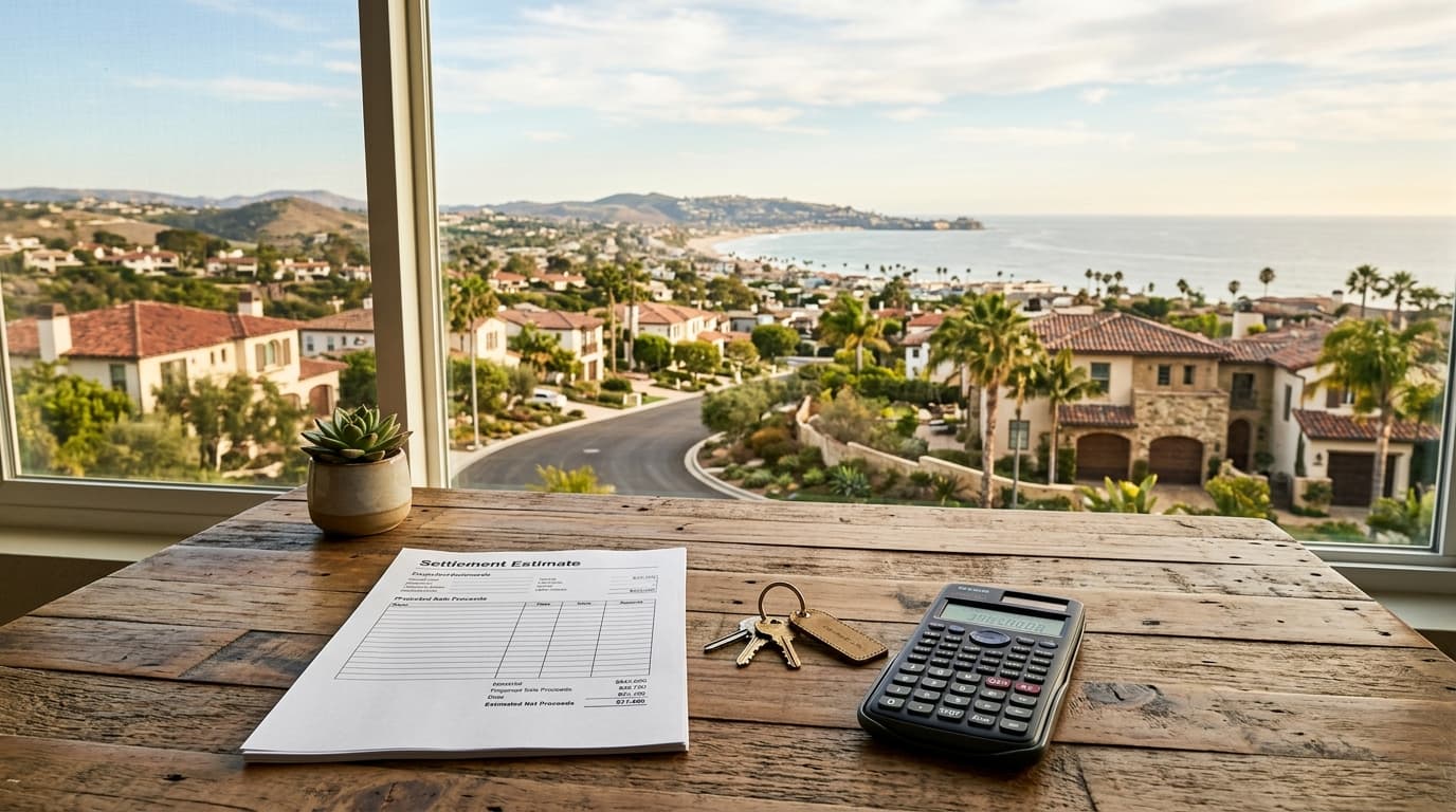 Calculator, house keys, and printed settlement estimate laid out on a desk