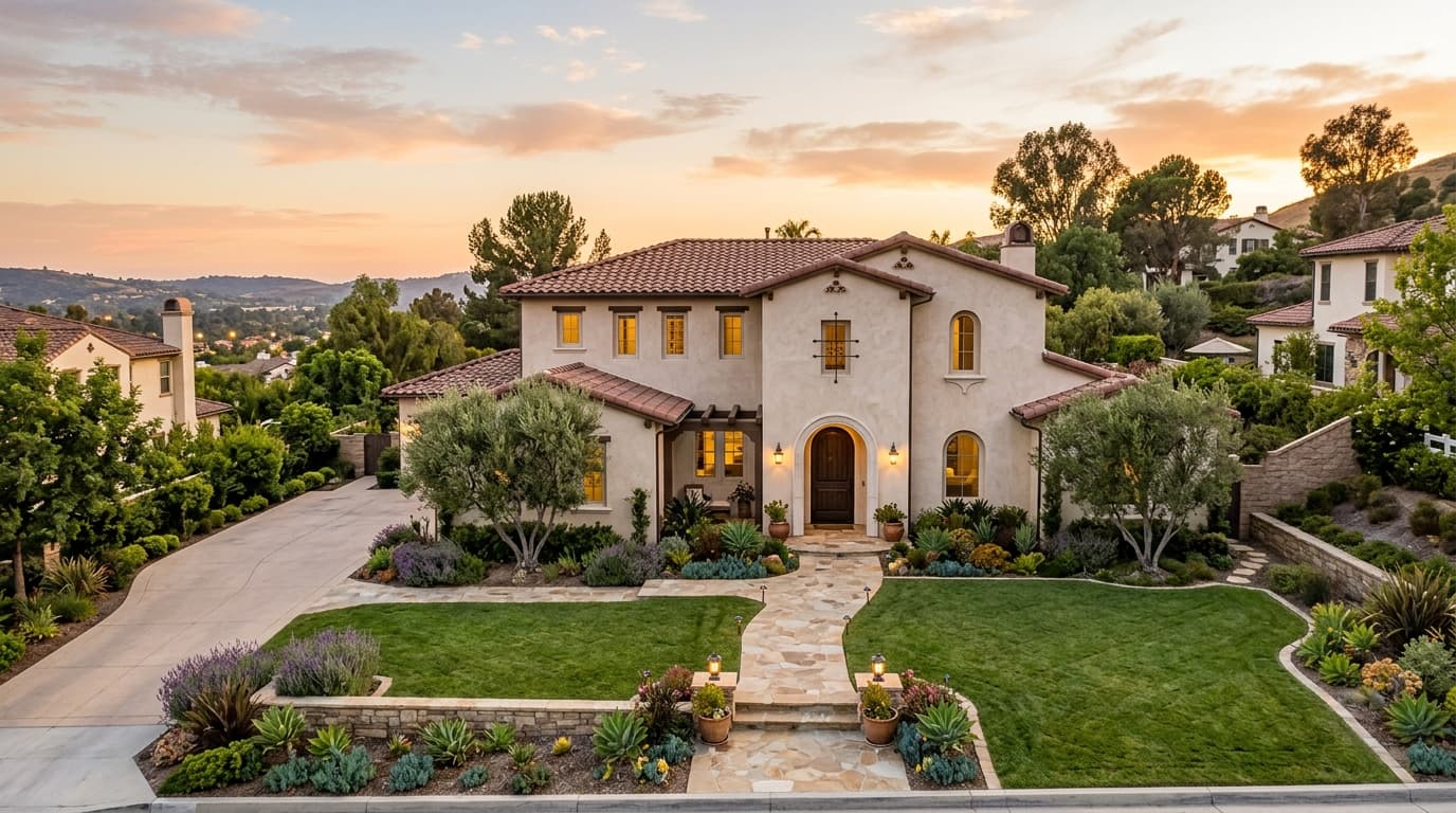 Well-presented Orange County home exterior at golden hour with a clean entry and landscaped front yard